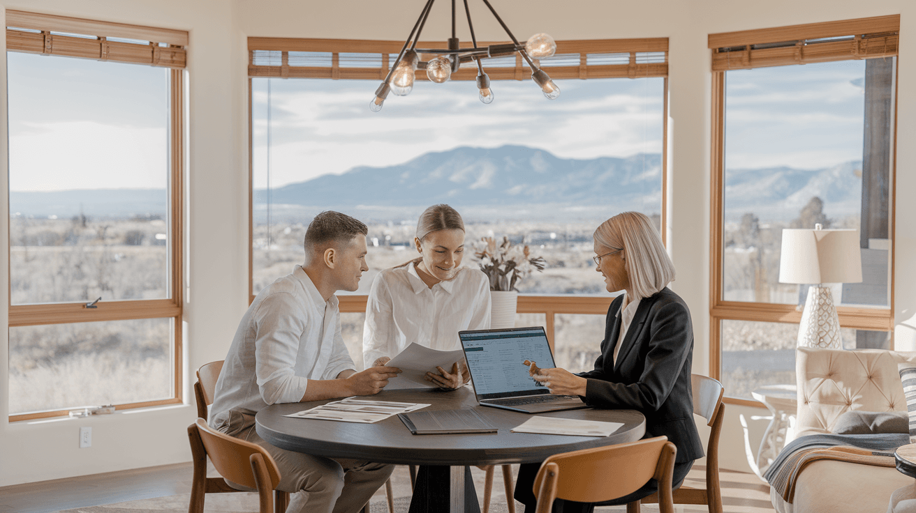 A couple meeting with a real estate agent at a kitchen table reviewing documents and a laptop showing home listings in a modern Albuquerque home with Sandia Mountain views through large windows