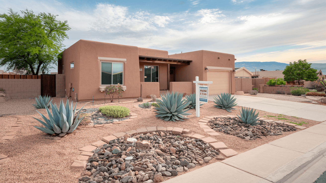 A well-maintained mid-century ranch home in Albuquerque's Northeast Heights with a xeriscaped front yard, Sandia Mountain views in the background, and a for-sale sign in the yard on a bright June afternoon