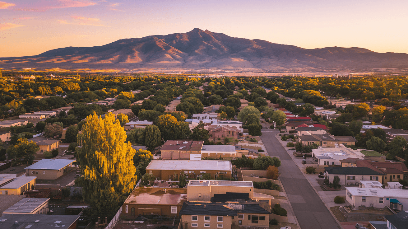 Aerial view of Albuquerque's Northeast Heights neighborhoods with the Sandia Mountains glowing pink at sunset, single-family homes and tree-lined streets visible below
