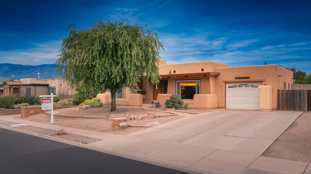 Street-level view of a well-maintained mid-century ranch home in Albuquerque's Northeast Heights with mature cottonwood trees, a clean driveway, and the Sandia Mountains in the background