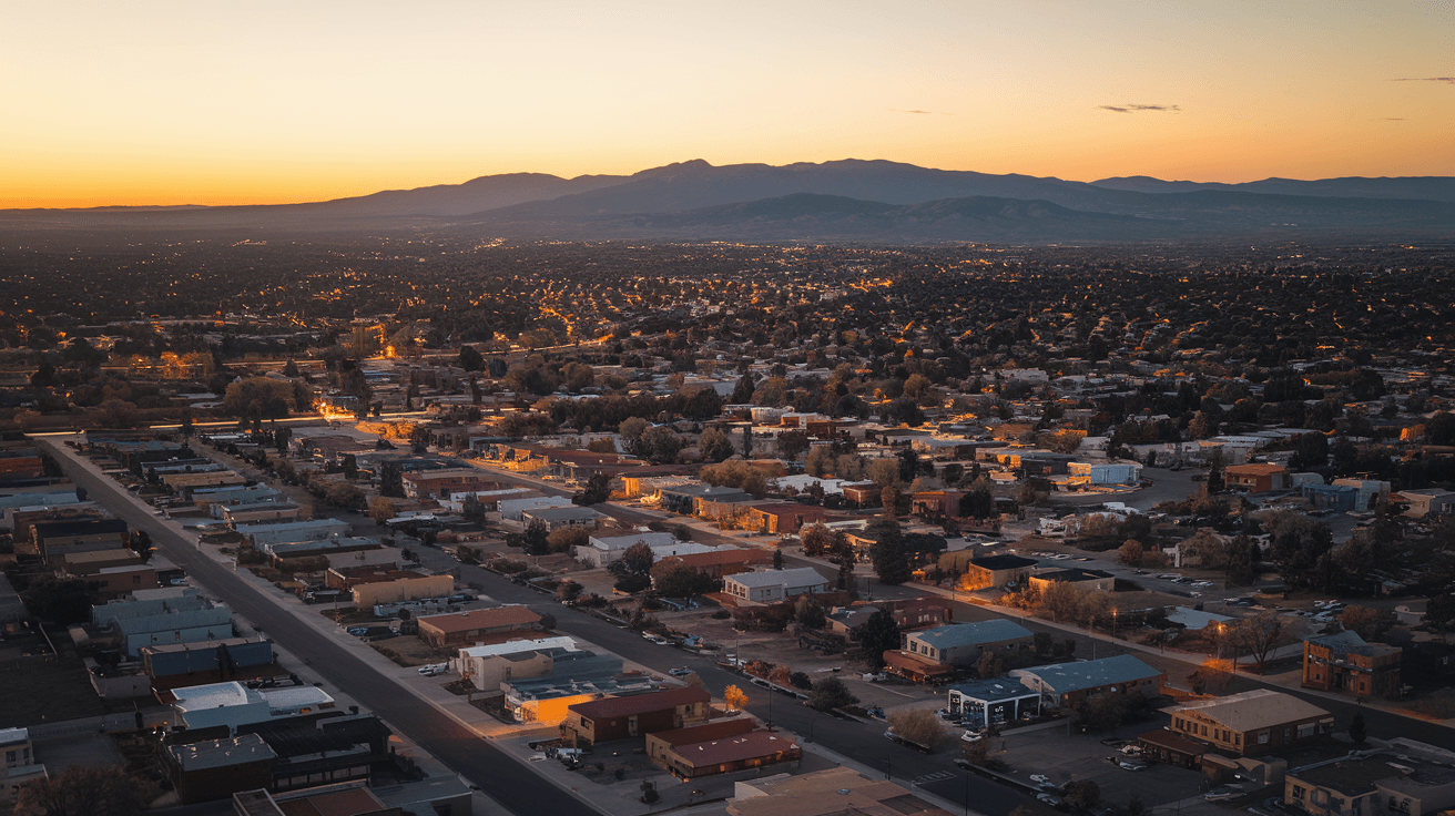Aerial view of Albuquerque residential neighborhoods at golden hour with the Sandia Mountains in the background and the Rio Grande corridor visible below