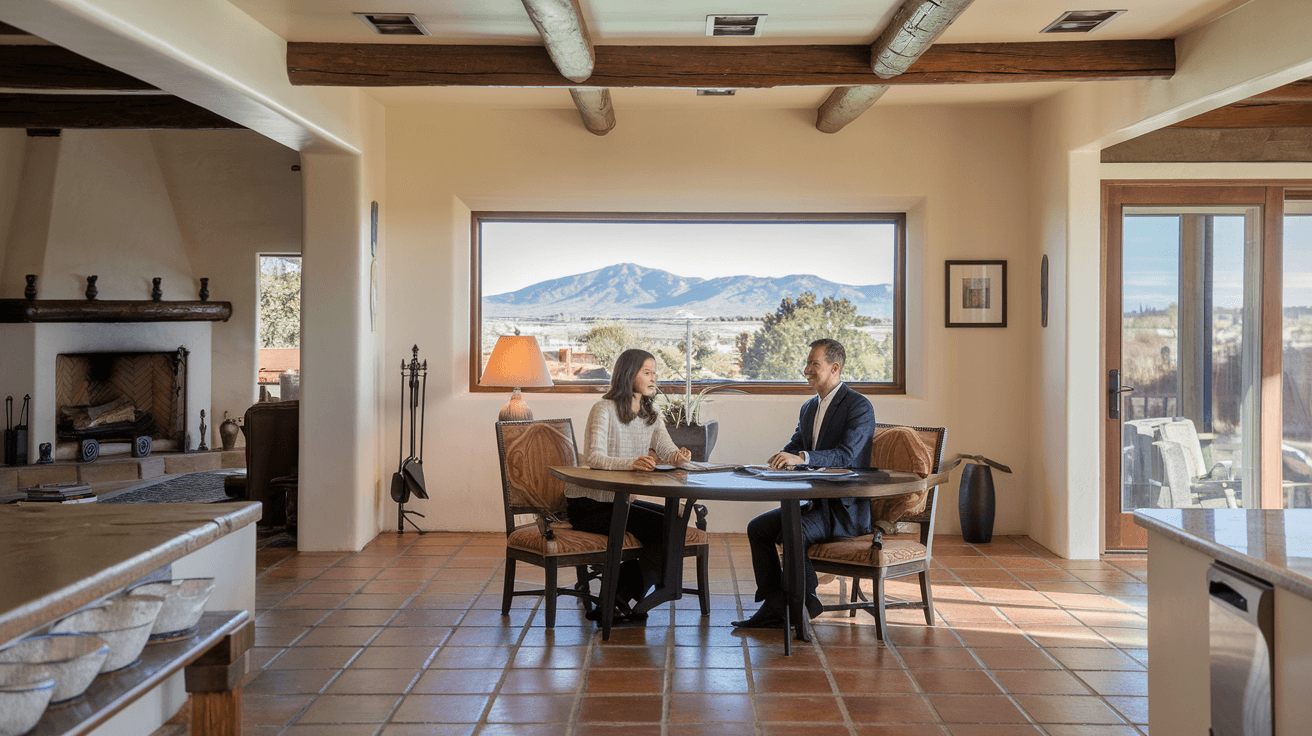 A couple reviewing documents with a real estate agent at a kitchen table inside a bright, modern Albuquerque home with vigas, tile floors, and a view of the Sandia Mountains through the window