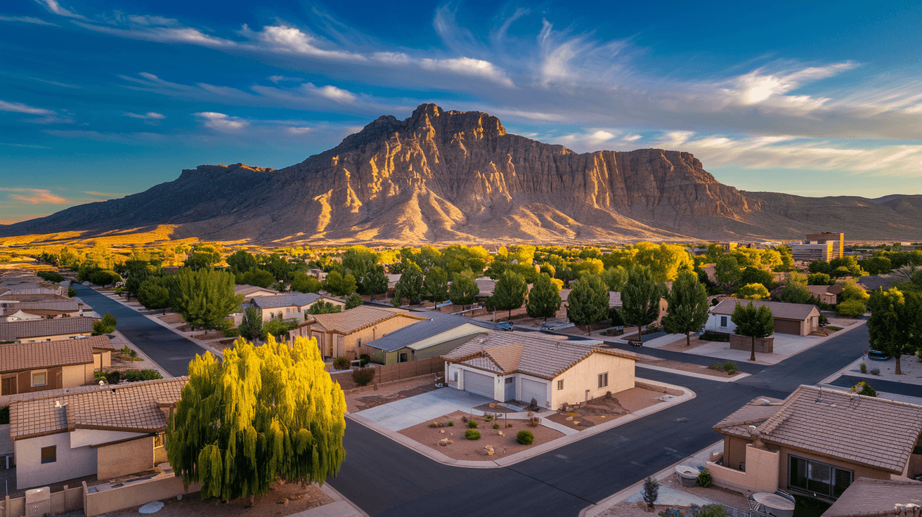 Aerial view of Albuquerque's Northeast Heights residential neighborhoods stretching toward the Sandia Mountains at golden hour, showing a dense grid of single-family homes with the Tramway visible in the distance