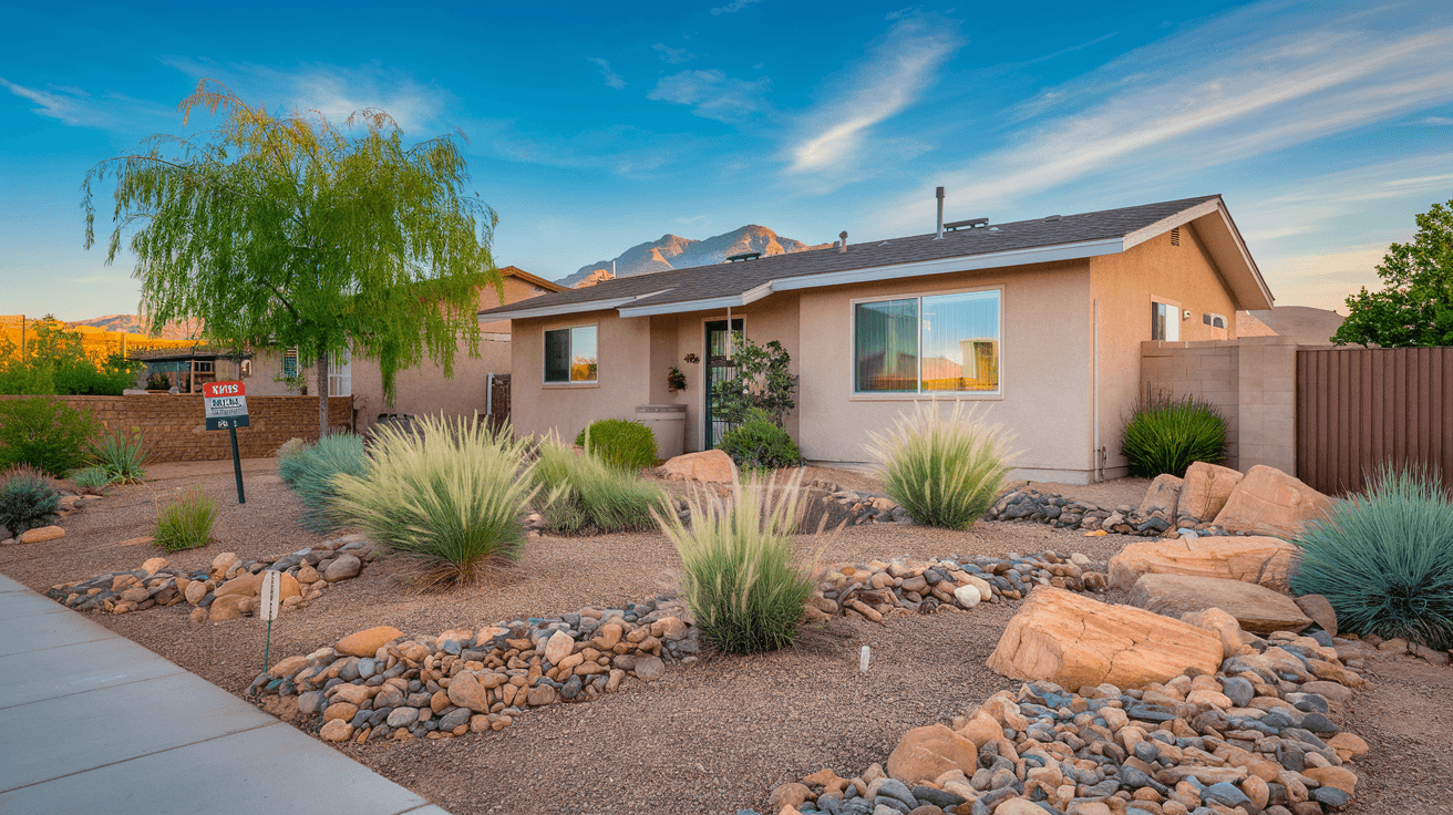 A well-maintained ranch-style home in Albuquerque's Northeast Heights neighborhood with mature cottonwood trees, a freshly landscaped xeriscape front yard, and the Sandia Mountains visible in the background under a deep blue New Mexico sky