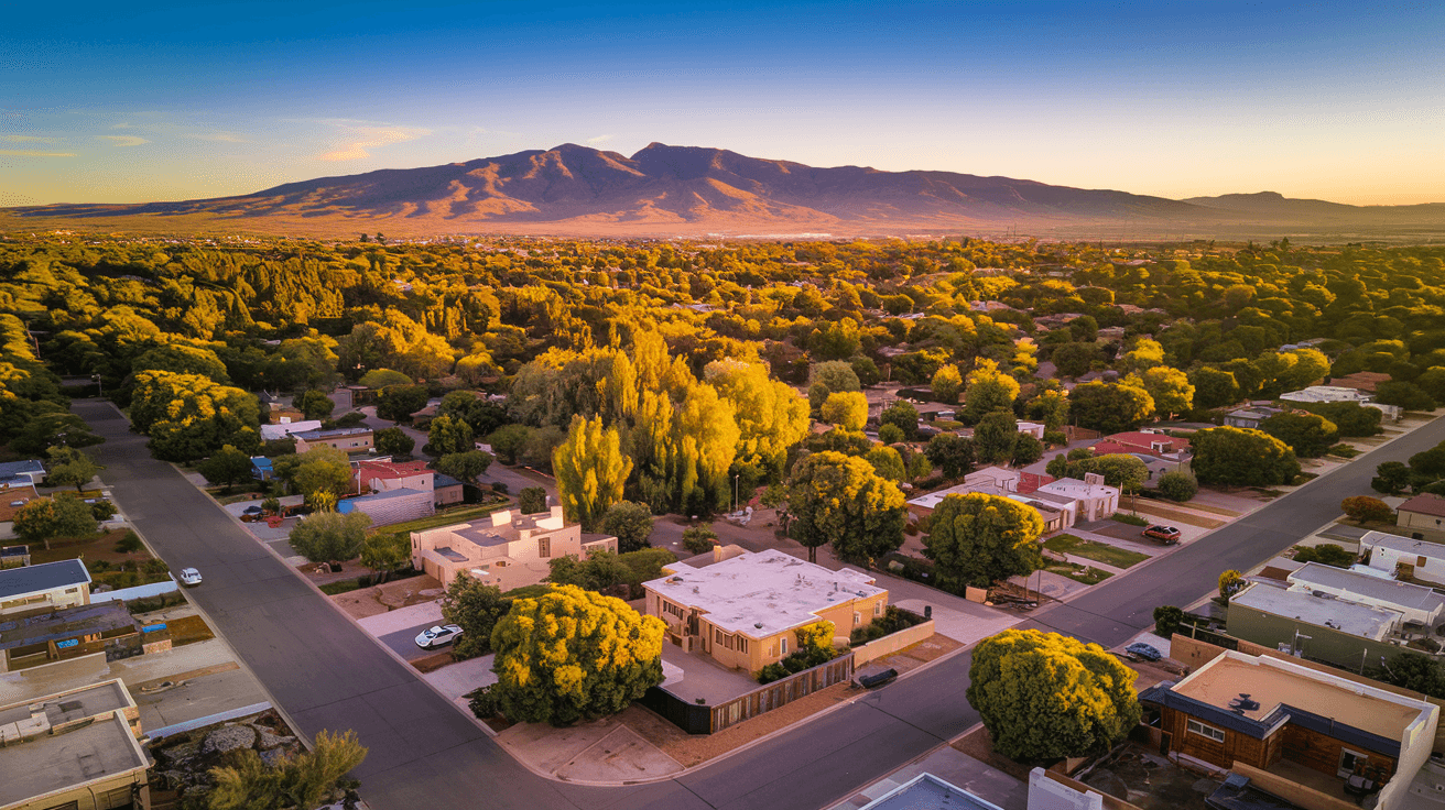 Aerial view of Albuquerque's Northeast Heights neighborhood at golden hour, showing tree-lined streets, mid-century ranch homes, and the Sandia Mountains rising in the background