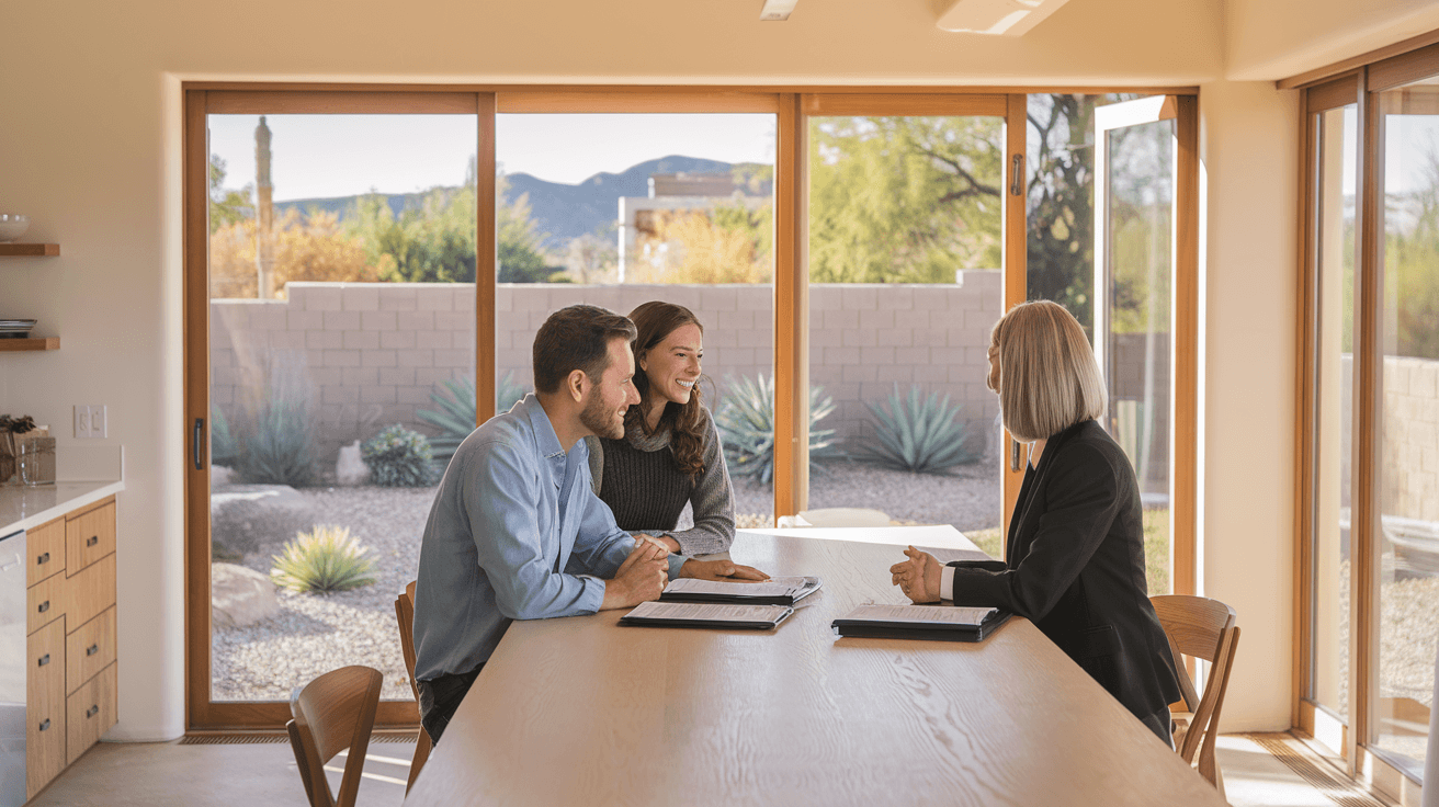 A Taylor Team real estate agent reviewing a home purchase offer with a couple at a kitchen table, natural light, modern Albuquerque home interior visible in background