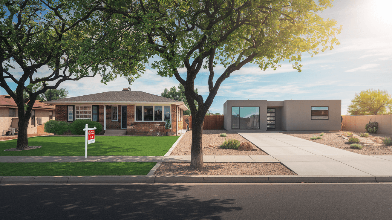 Split-view street photography comparing a classic Northeast Heights ranch-style home on a tree-lined street with a modern new construction home in a Rio Rancho subdivision, both under bright New Mexico summer sky