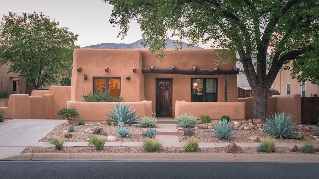 Street-level photograph of a classic Albuquerque adobe home in Nob Hill with drought-tolerant xeriscape landscaping, mature trees, and the Sandia Mountains visible in the background