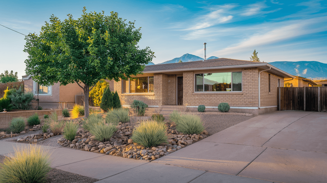 A well-maintained 1960s ranch-style home in the Northeast Heights of Albuquerque with a xeriscaped front yard, Sandia Mountains visible in the background, late afternoon light.