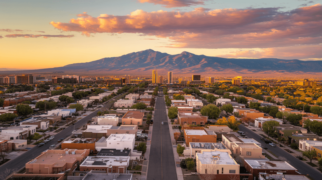 Aerial view of Albuquerque residential neighborhoods stretching toward the Sandia Mountains at golden hour, showing the density of the Northeast Heights and the open land of the North Valley below the Paseo del Norte corridor.