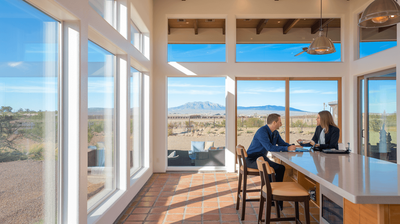 A couple reviewing documents with a real estate agent at a kitchen table in a modern Albuquerque home, natural desert light coming through large windows, Sandia Mountain view visible outside.
