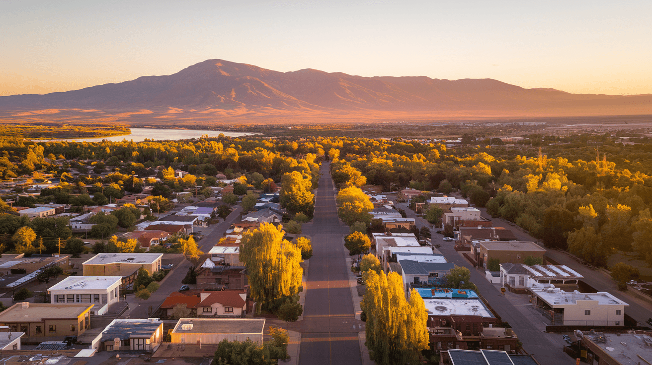 Aerial view of Albuquerque residential neighborhoods stretching toward the Sandia Mountains at golden hour, with the Rio Grande visible in the distance and mature cottonwood trees lining the bosque corridor