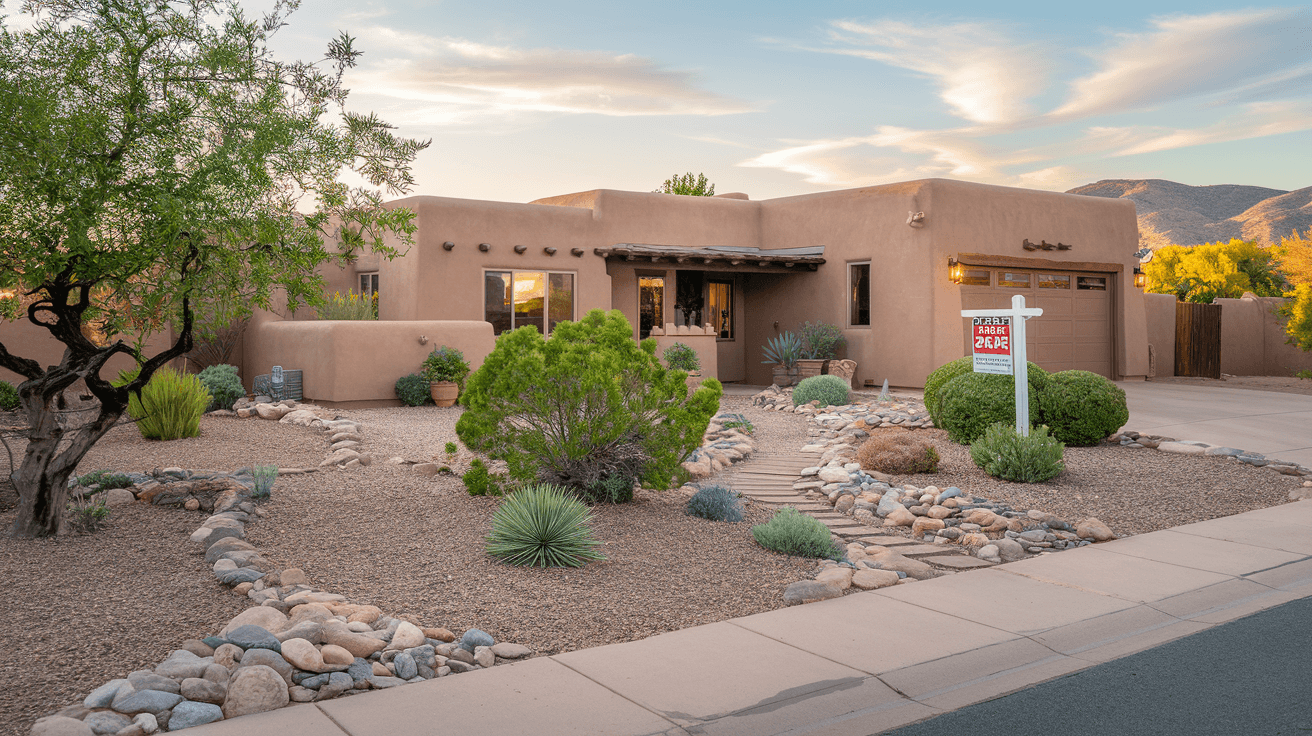 A well-maintained single-story adobe-style home in Albuquerque's Northeast Heights neighborhood with desert landscaping and a for-sale sign in the front yard, Sandia Mountains visible in the distance