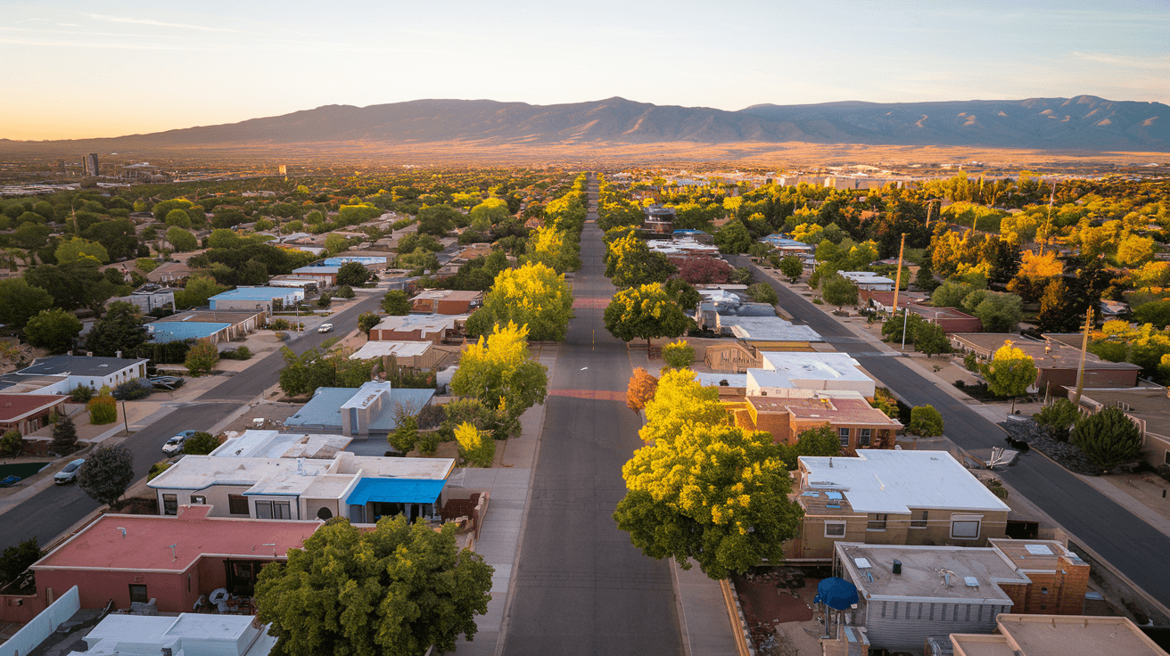 Aerial view of Albuquerque's Northeast Heights neighborhood at golden hour, with the Sandia Mountains in the background and tree-lined residential streets visible below