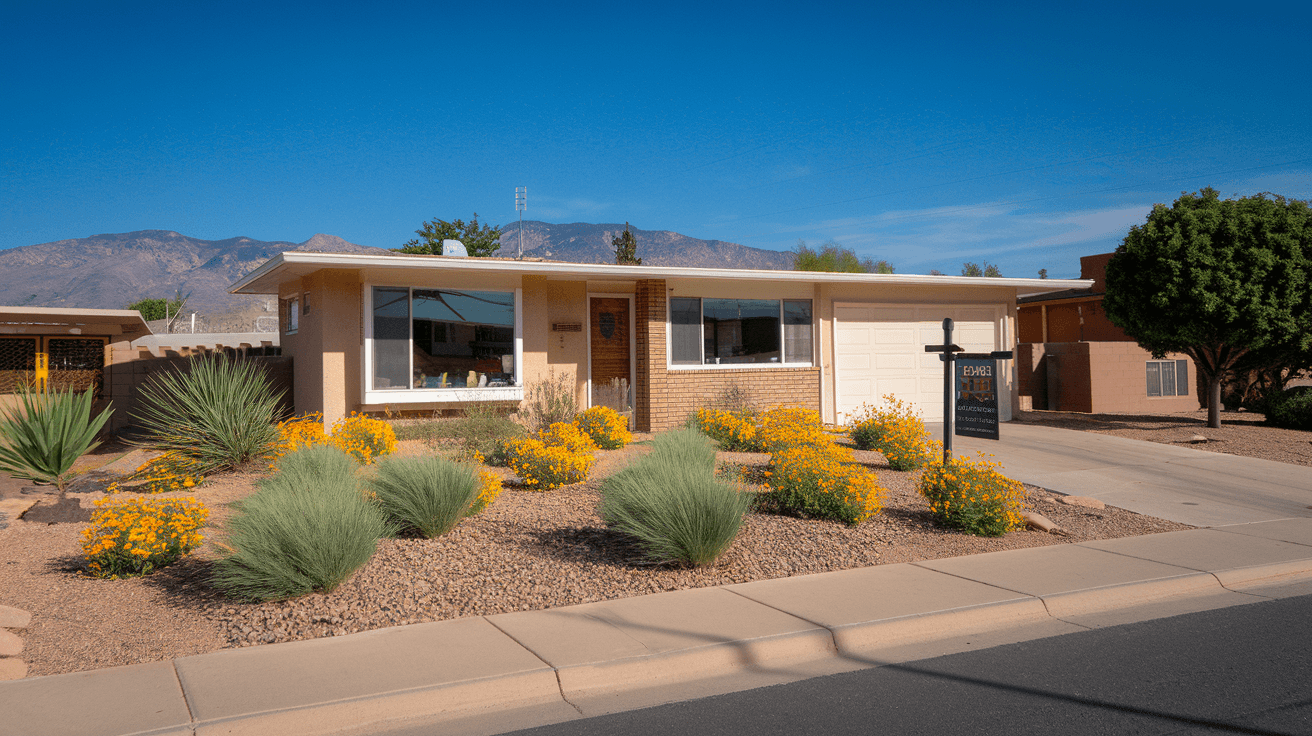 A well-maintained mid-century ranch home on a tree-lined street in Albuquerque's Northeast Heights, with a for-sale sign in the front yard and the Sandia Mountains visible in the distance