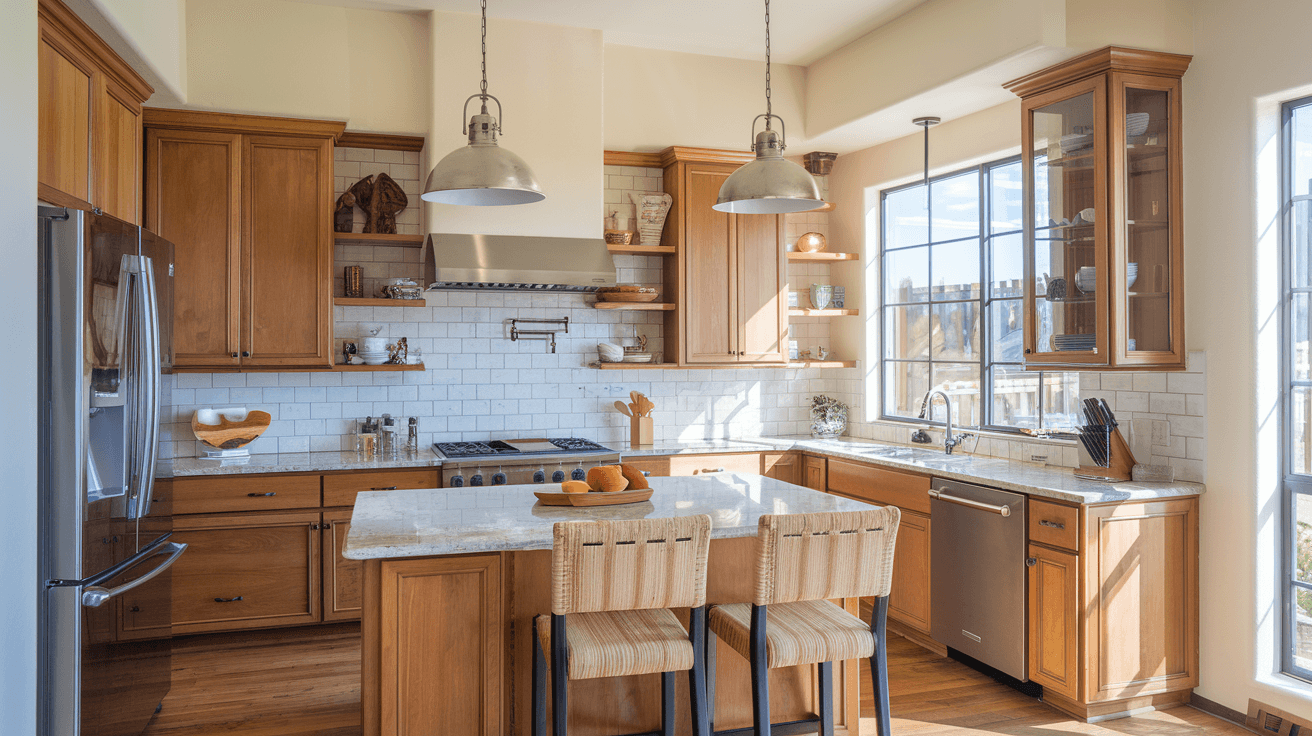 Modern kitchen interior of a recently updated Albuquerque home with granite countertops, stainless appliances, and warm lighting suggesting a move-in-ready listing