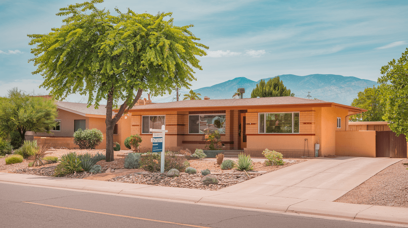 A well-maintained mid-century ranch home on a tree-lined street in the Northeast Heights neighborhood of Albuquerque, with a for-sale sign in the front yard and the Sandia Mountains visible in the background
