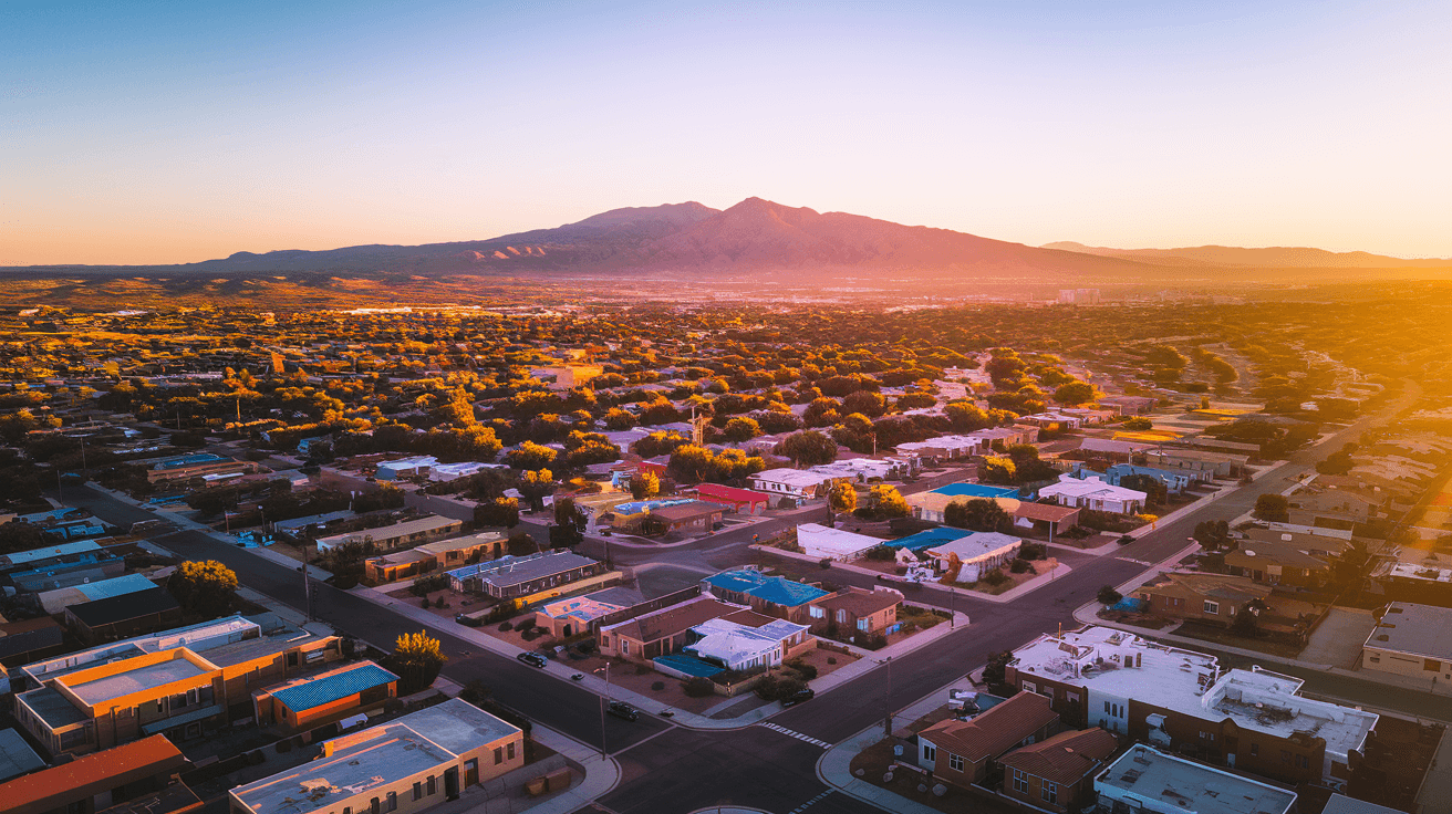 Aerial view of Albuquerque residential neighborhoods with the Sandia Mountains at golden hour, showing the density of the Northeast Heights and the Rio Grande corridor