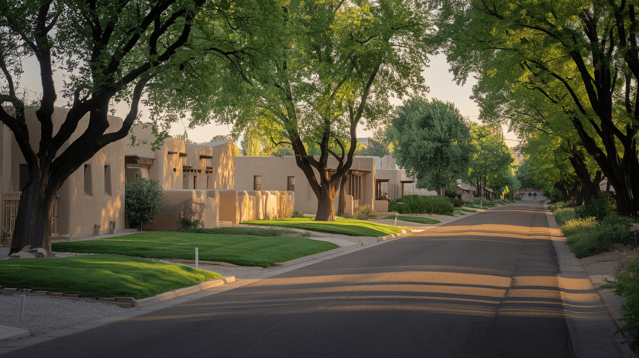 A tree-lined street in the North Valley with traditional adobe homes, mature cottonwoods, and an irrigated front yard typical of the Albuquerque bosque corridor