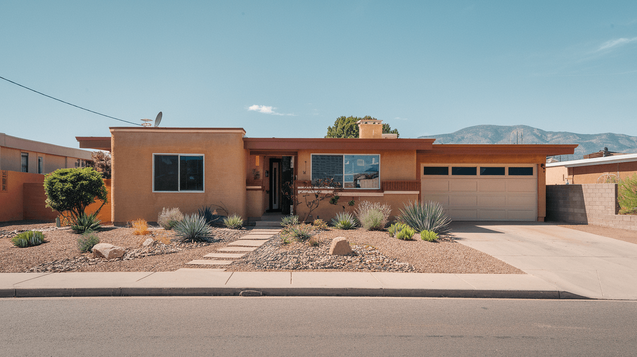 A well-maintained mid-century modern home in Albuquerque's Northeast Heights neighborhood with a xeriscape front yard and Sandia Mountain backdrop