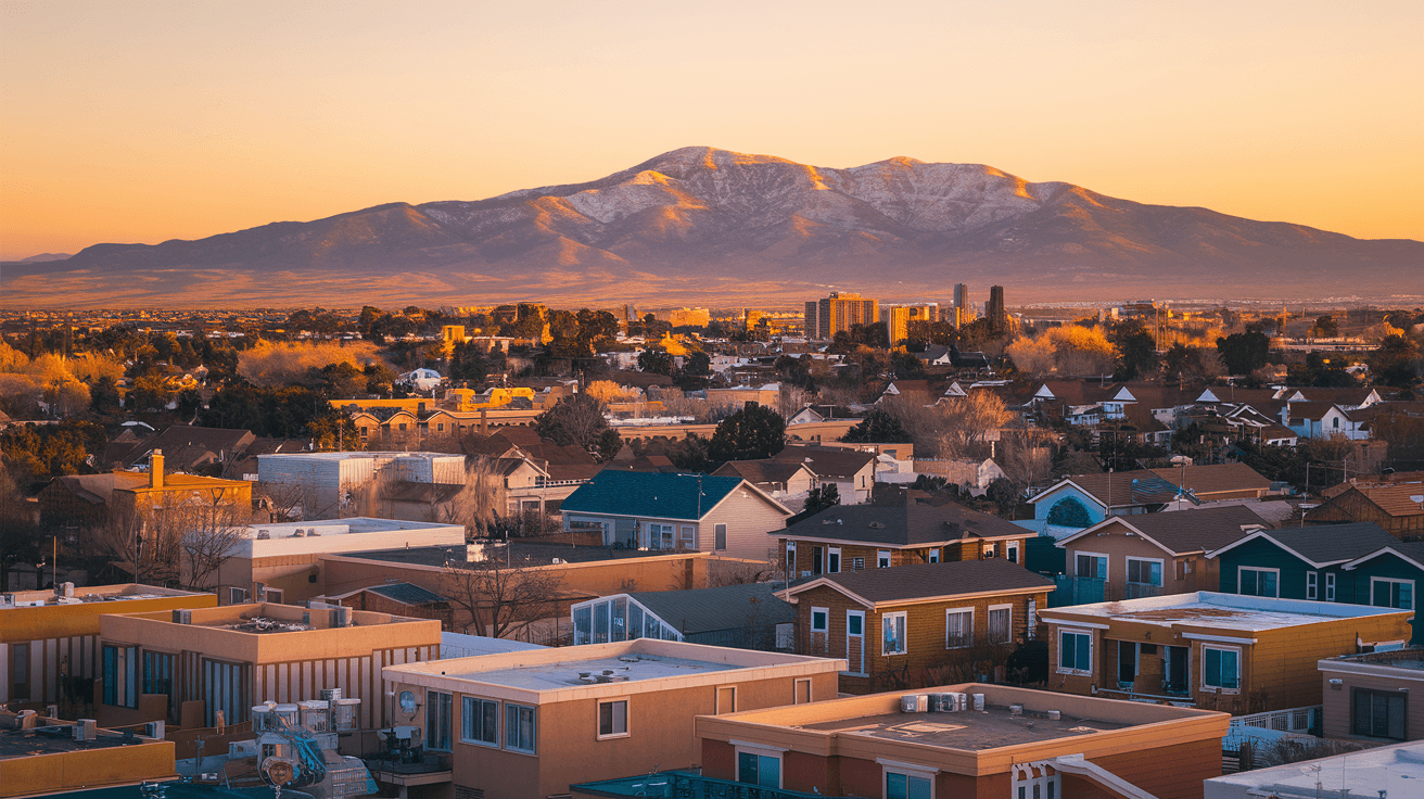 Aerial view of Albuquerque residential neighborhoods with the Sandia Mountains at sunset, showing the density of homes across the Northeast Heights and foothills areas