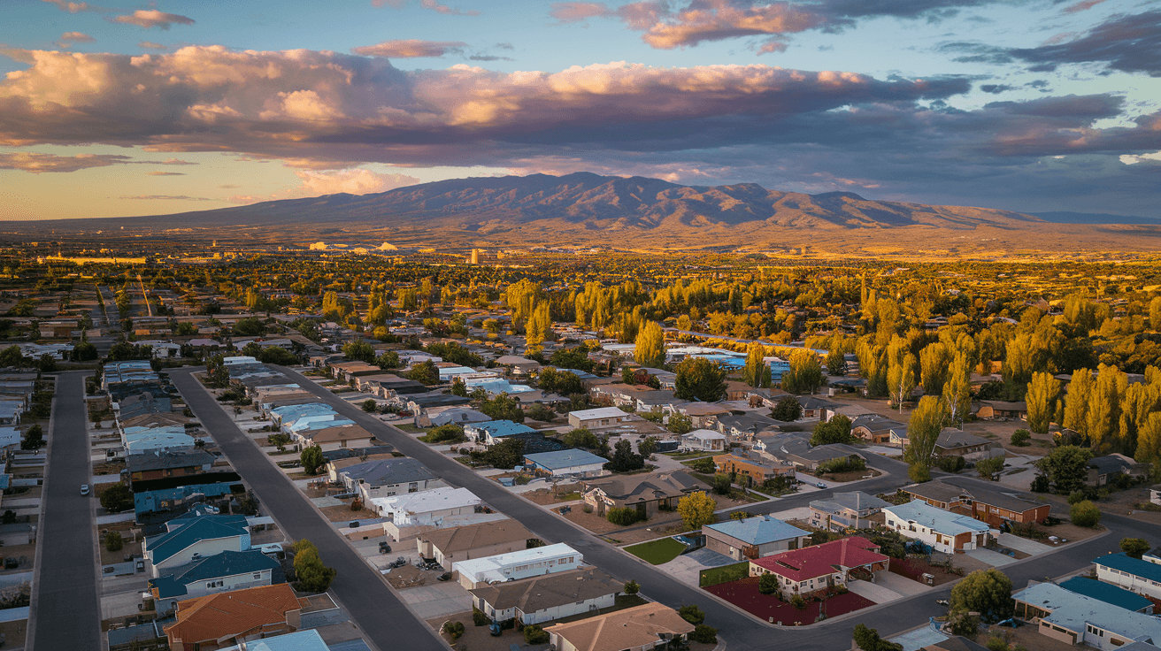 Aerial view of Albuquerque's Northeast Heights residential neighborhoods with the Sandia Mountains at sunset, showing a dense grid of single-family homes and tree-lined streets