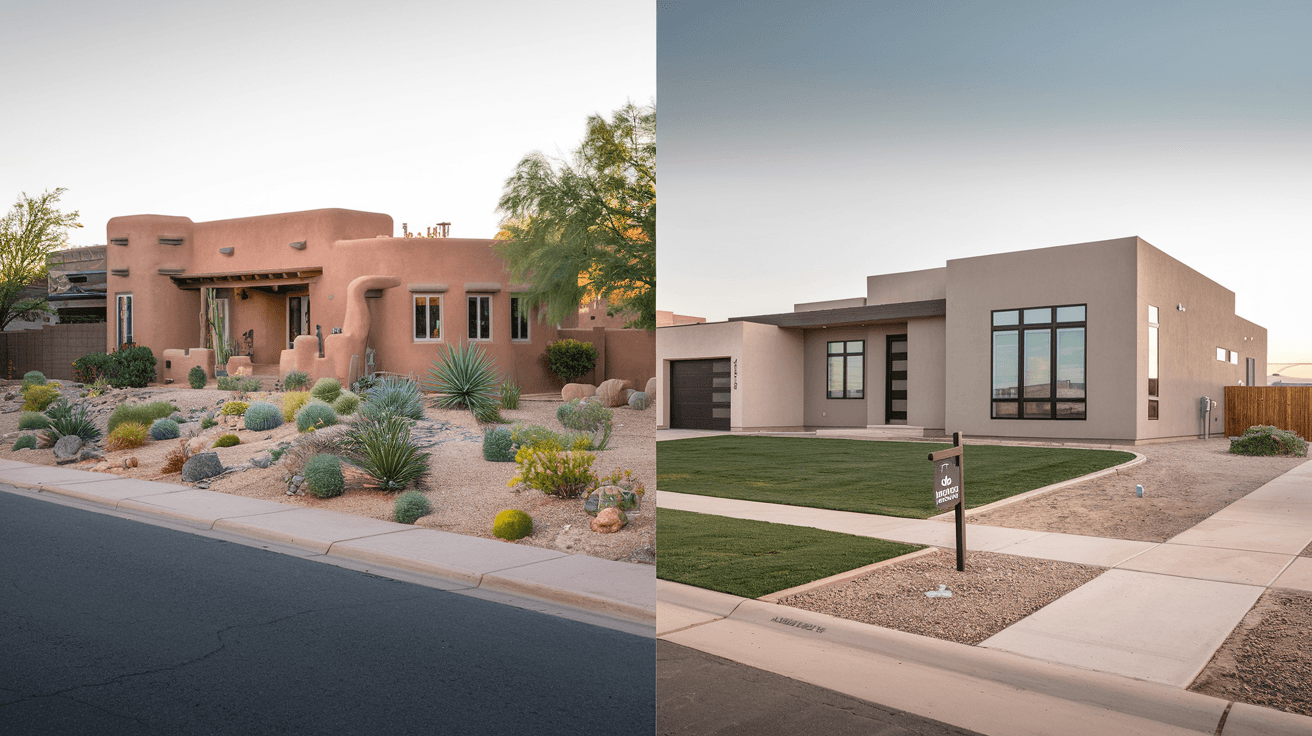 Split-view photography showing a traditional adobe home in the North Valley alongside a modern new construction home in Rio Rancho, representing the resale versus new construction dynamic in the Albuquerque market