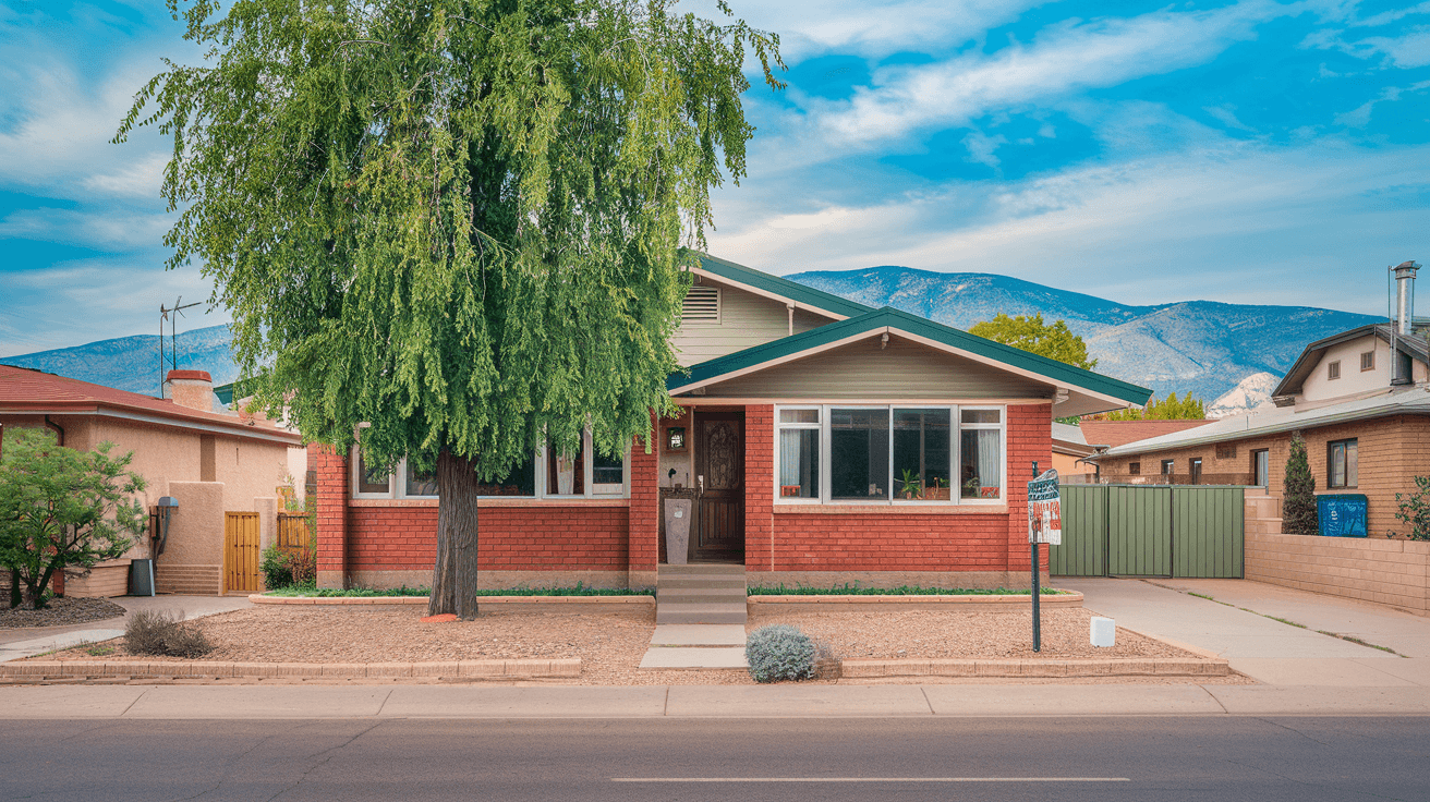 A well-maintained mid-century ranch home in the Northeast Heights neighborhood of Albuquerque with a for-sale sign, mature cottonwood trees, and the Sandia Mountains visible in the background