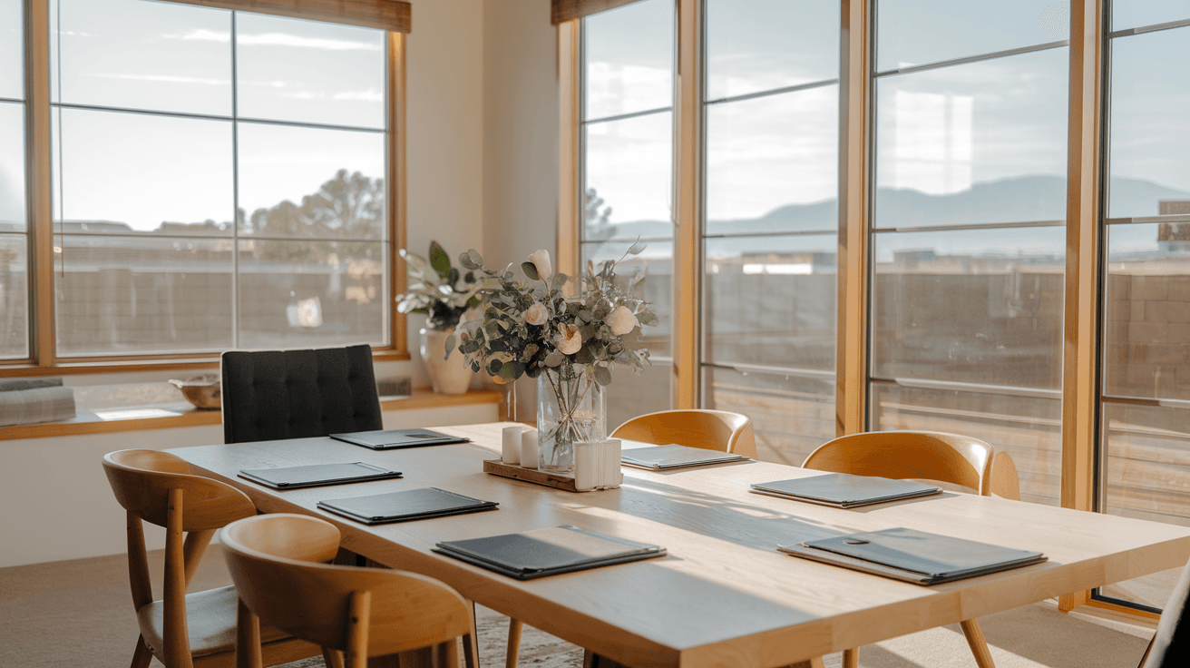 A real estate agent reviewing a purchase contract at a kitchen table with buyers in a modern Albuquerque home, natural light coming through large windows, Sandia Mountains faintly visible outside