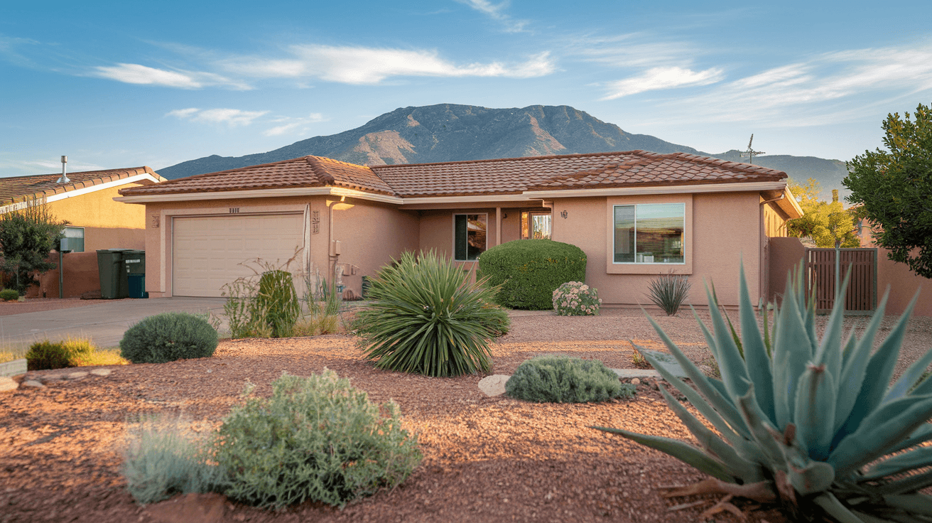 A well-maintained ranch-style home in the Northeast Heights neighborhood with mature landscaping, a classic Albuquerque red-tile roof, and the Sandia Mountains visible in the background