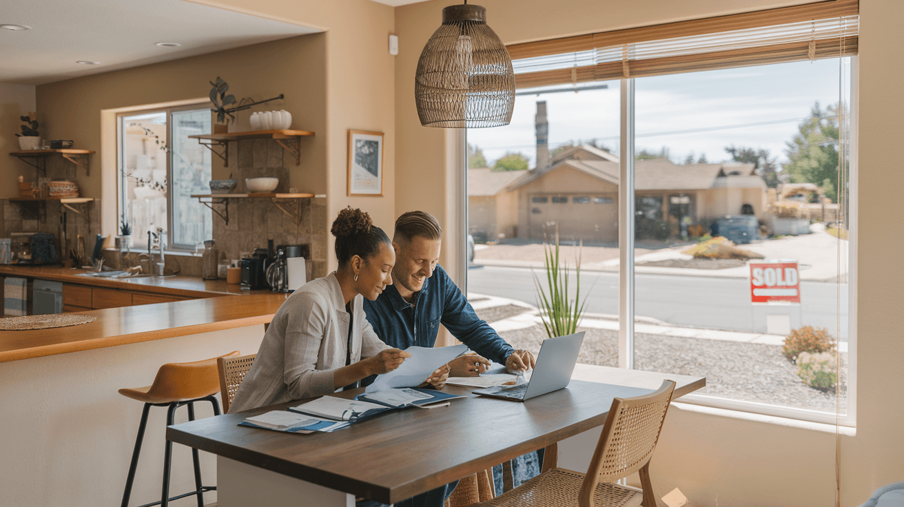 A couple reviewing mortgage documents and a home listing printout at a kitchen table, with a sold sign visible through the window in a residential Albuquerque neighborhood