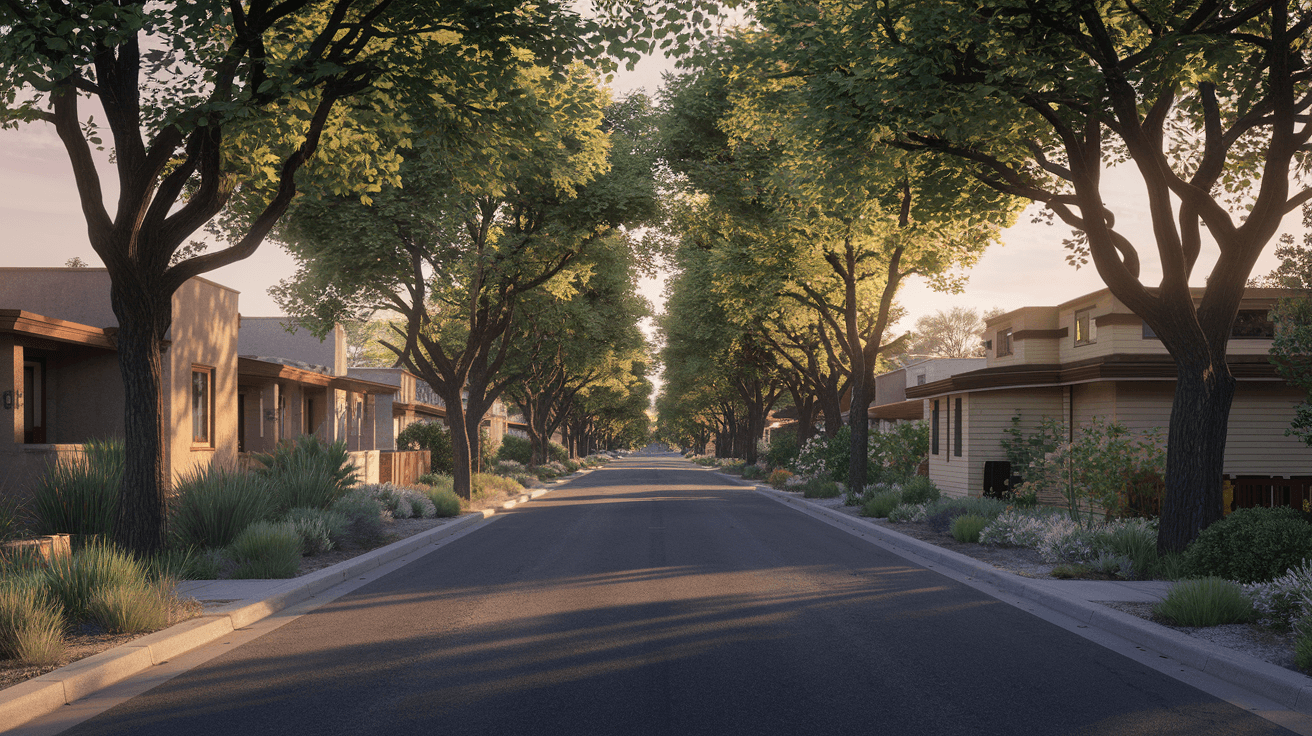 A tree-lined street in Nob Hill with craftsman bungalows and mature cottonwoods, representing the character-rich mid-century housing stock of central Albuquerque