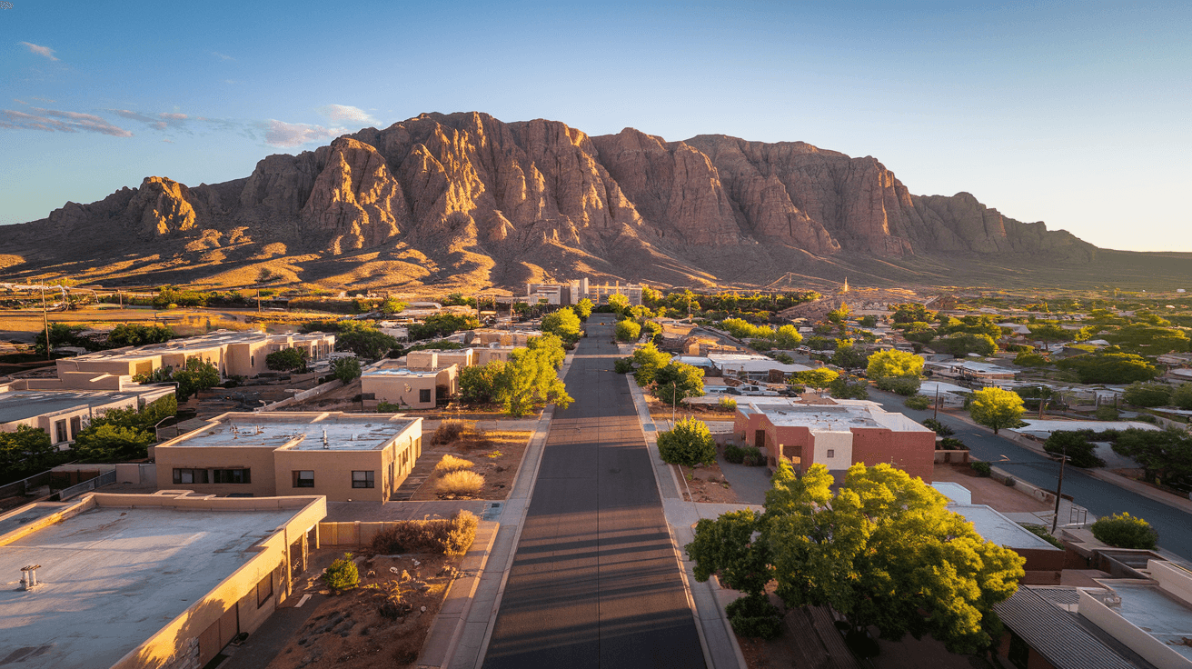Aerial view of Albuquerque residential neighborhoods stretching toward the Sandia Mountains at golden hour, showing the density of the Northeast Heights and surrounding suburbs
