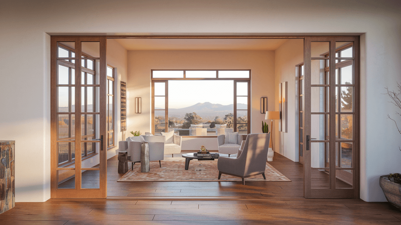 A couple reviewing documents with a real estate agent at a kitchen table in a bright, modern Albuquerque home, with Sandia Mountain views visible through the window