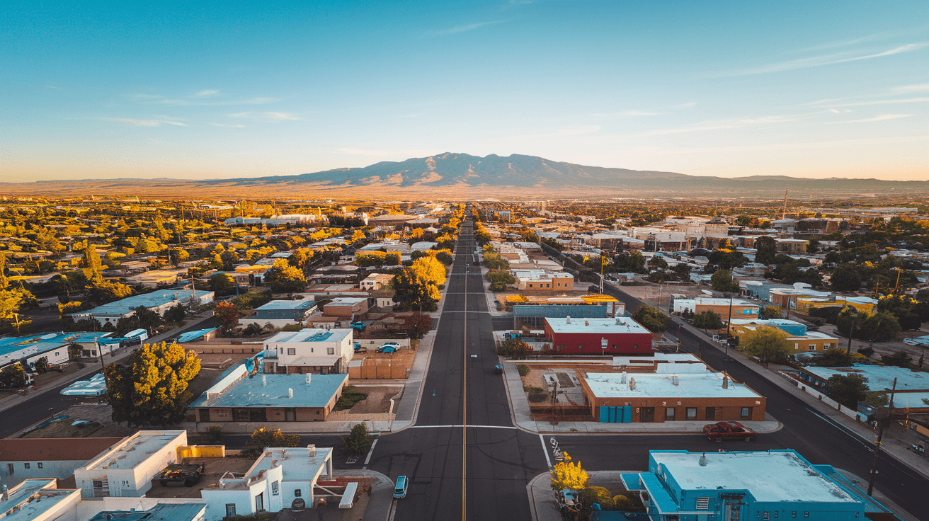 Aerial view of Southeast Albuquerque neighborhoods near Gibson Boulevard with Kirtland AFB and the Sandia Mountains visible in the background at golden hour