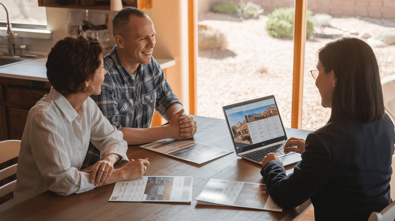 A couple consulting with a real estate agent at a kitchen table reviewing printed market reports and a laptop showing home listings in an Albuquerque home