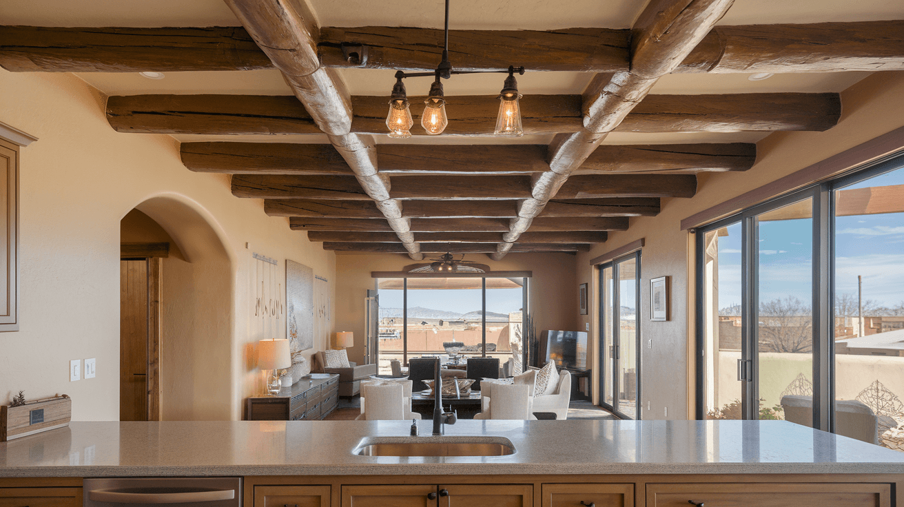 Interior of a modern Albuquerque townhome with exposed vigas, updated kitchen, and natural light, representing the attached housing segment driving May 2026 market activity