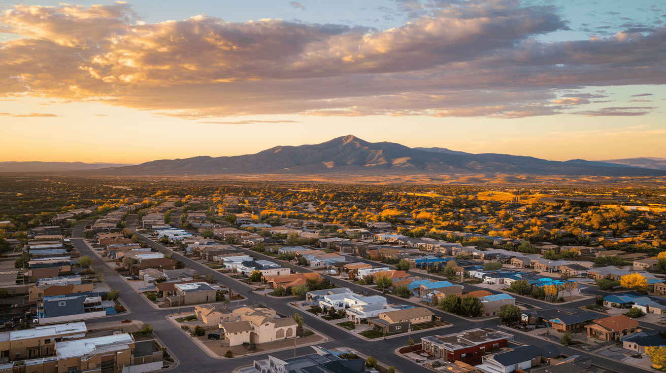 Aerial view of Albuquerque residential neighborhoods at golden hour, Sandia Mountains in the background, the Rio Grande visible to the west, showcasing the city's geographic spread from the East Mesa to the West Side