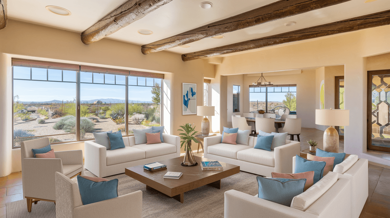 Interior of a staged Albuquerque home listed for sale, bright living room with Southwestern design elements, large windows showing a desert landscape, professionally photographed for MLS listing