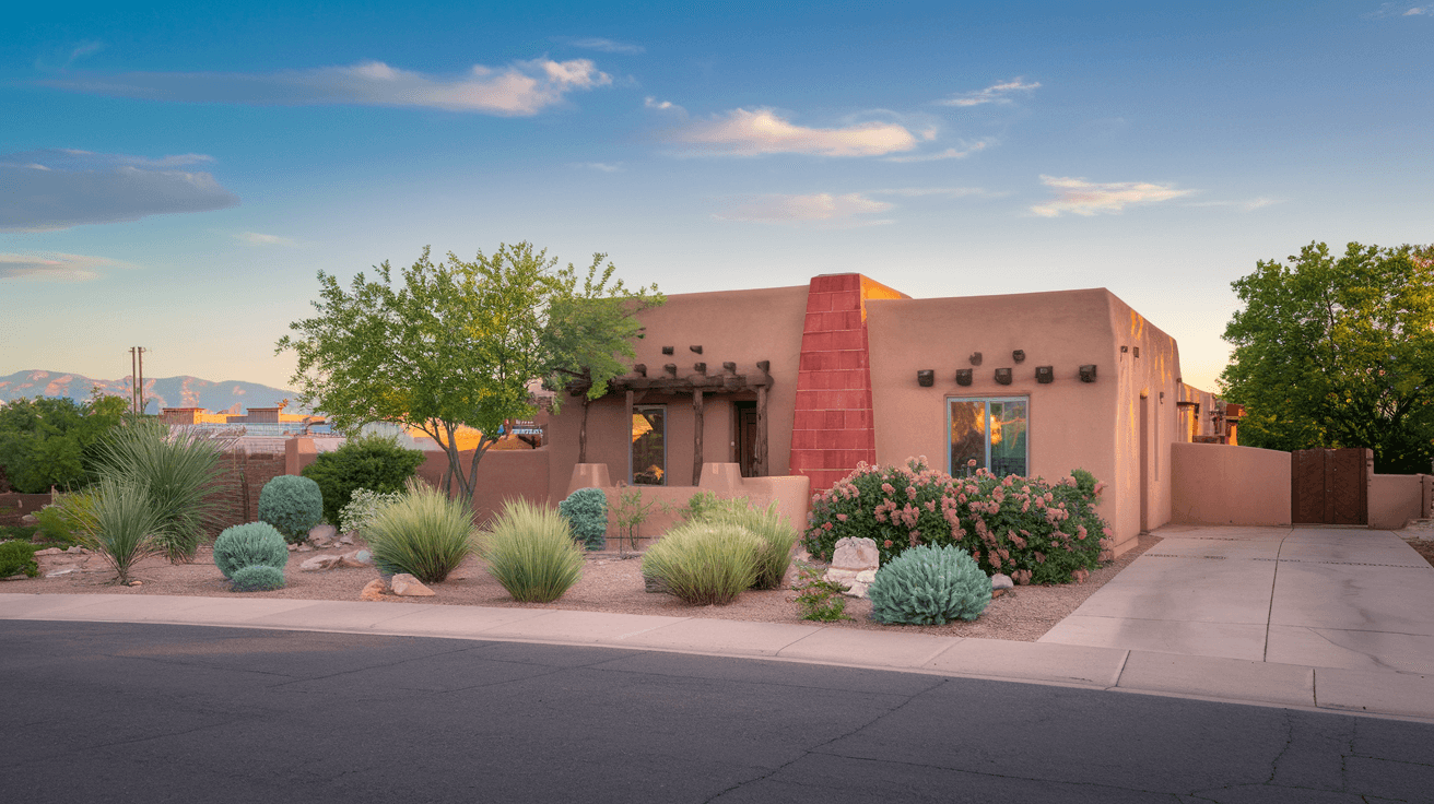 Street-level view of a well-maintained adobe-style home in Albuquerque's Northeast Heights, mature landscaping, Sandia Mountains visible in the background, late afternoon light