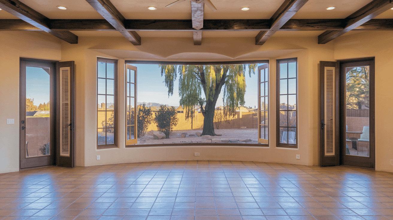 A family walking through a staged, move-in-ready resale home in Albuquerque's Northeast Heights, natural light through large windows, Sandia Mountains visible in the background