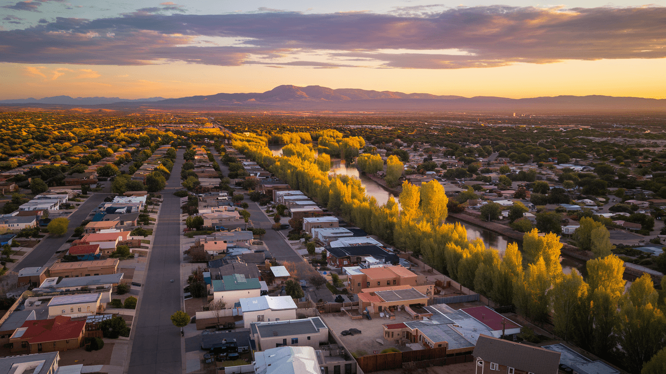 Aerial view of Albuquerque residential neighborhoods at golden hour with the Sandia Mountains in the background, showing the sprawling city grid from the Northeast Heights toward the Rio Grande valley