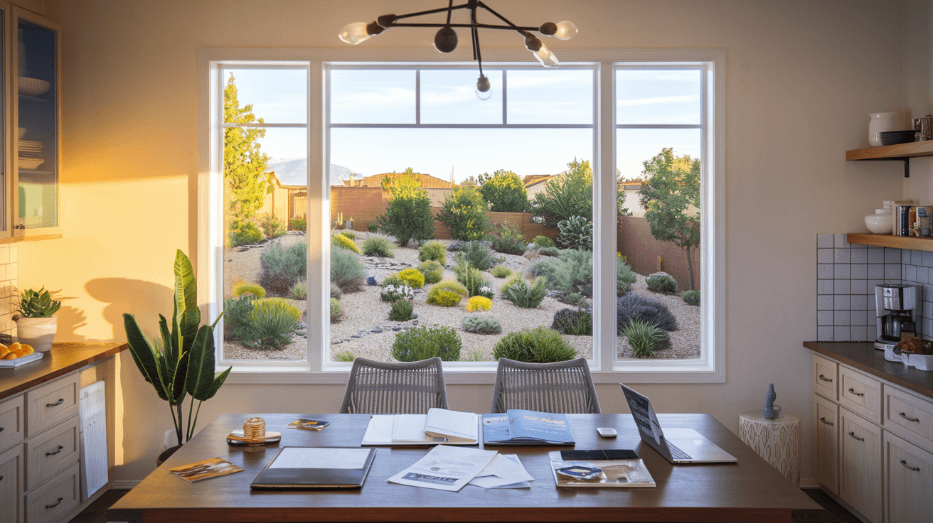 A couple reviewing documents with a real estate agent at a kitchen table inside a bright, modern Albuquerque home, natural light from a large window, no faces visible