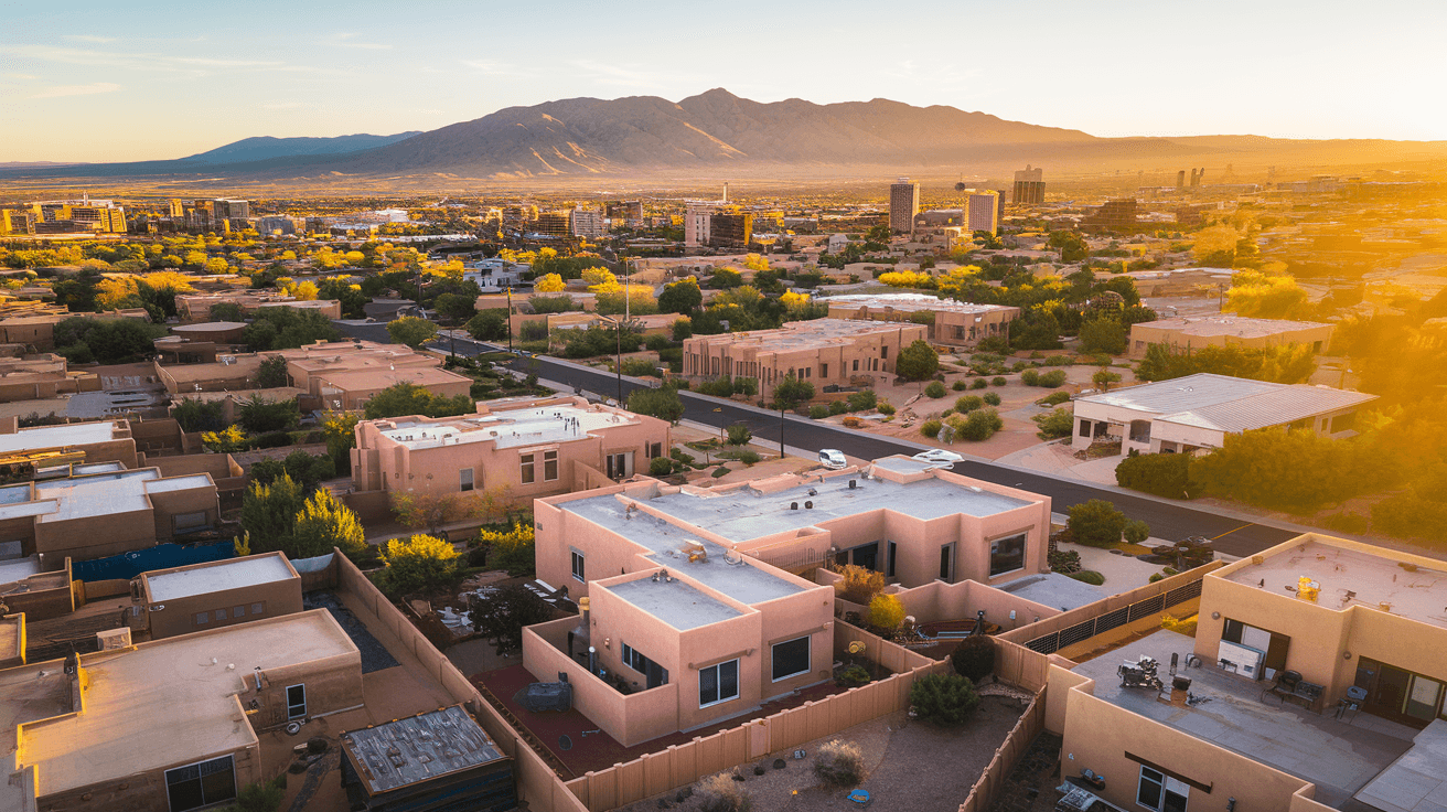 Albuquerque residential neighborhoods stretching toward the Sandia Mountains at golden hour