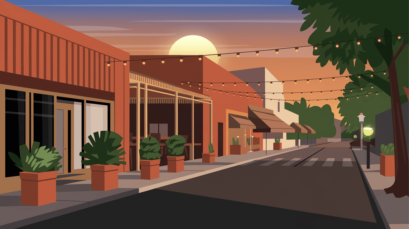 A warm June evening on Central Avenue in Nob Hill, Albuquerque, with string lights illuminating a restaurant patio, terracotta planters lining the sidewalk, and the glow of a New Mexico sunset in the western sky