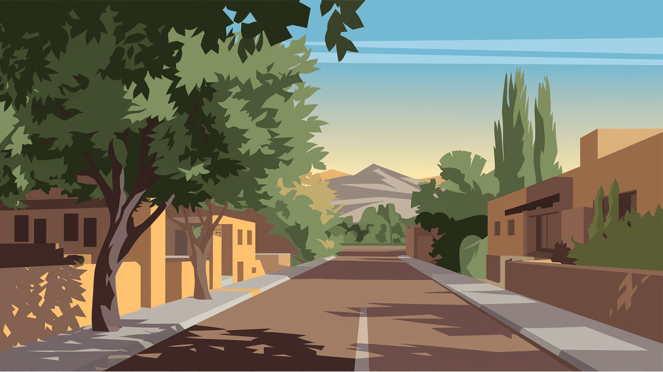 A sunlit New Mexico neighborhood street in Albuquerque's North Valley with mature cottonwood trees lining an acequia, adobe homes visible behind low adobe walls, the Sandia Mountains in the background