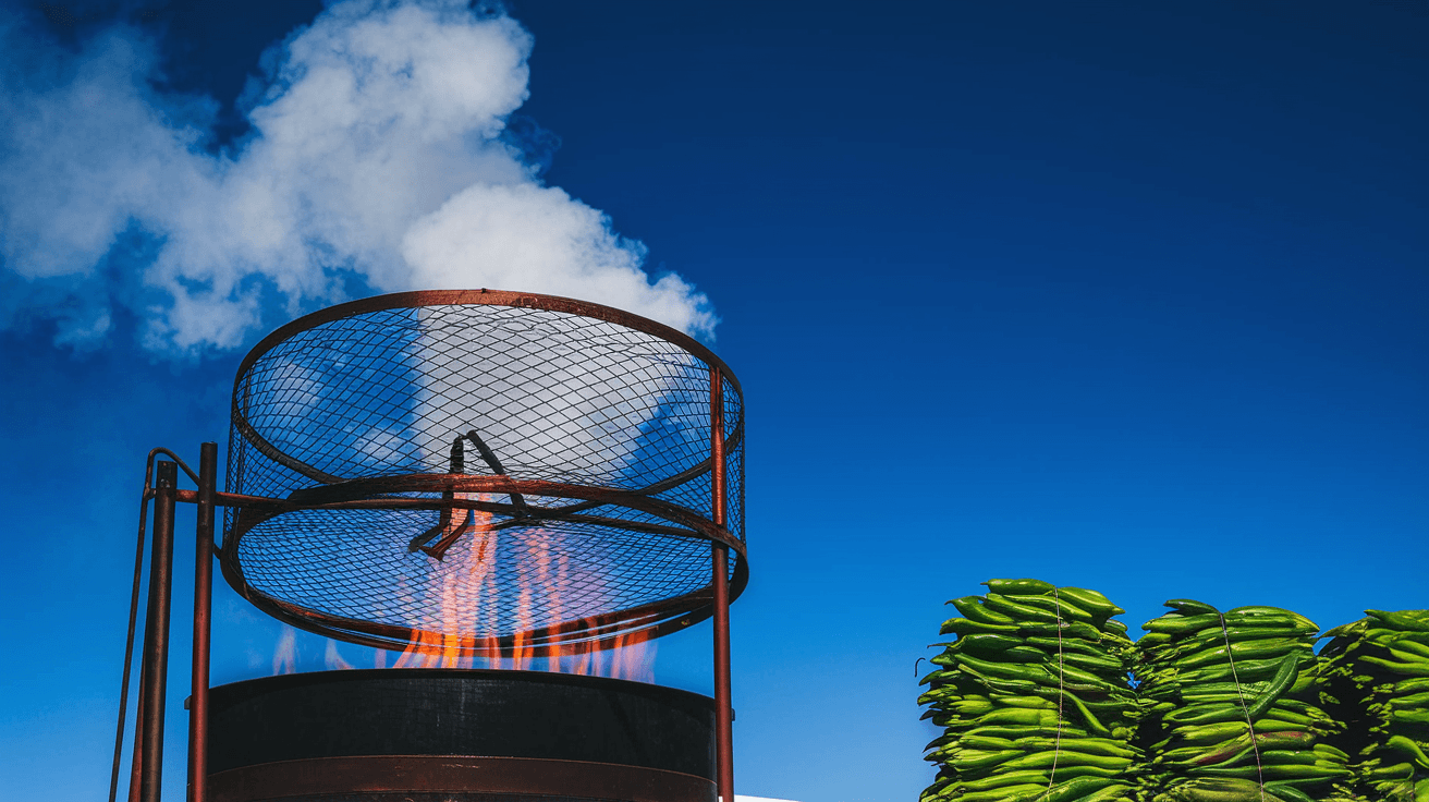 A wire-mesh green chile roaster spinning over an open propane flame in an Albuquerque parking lot, smoke rising against a deep blue New Mexico sky, bushels of Hatch green chile stacked nearby