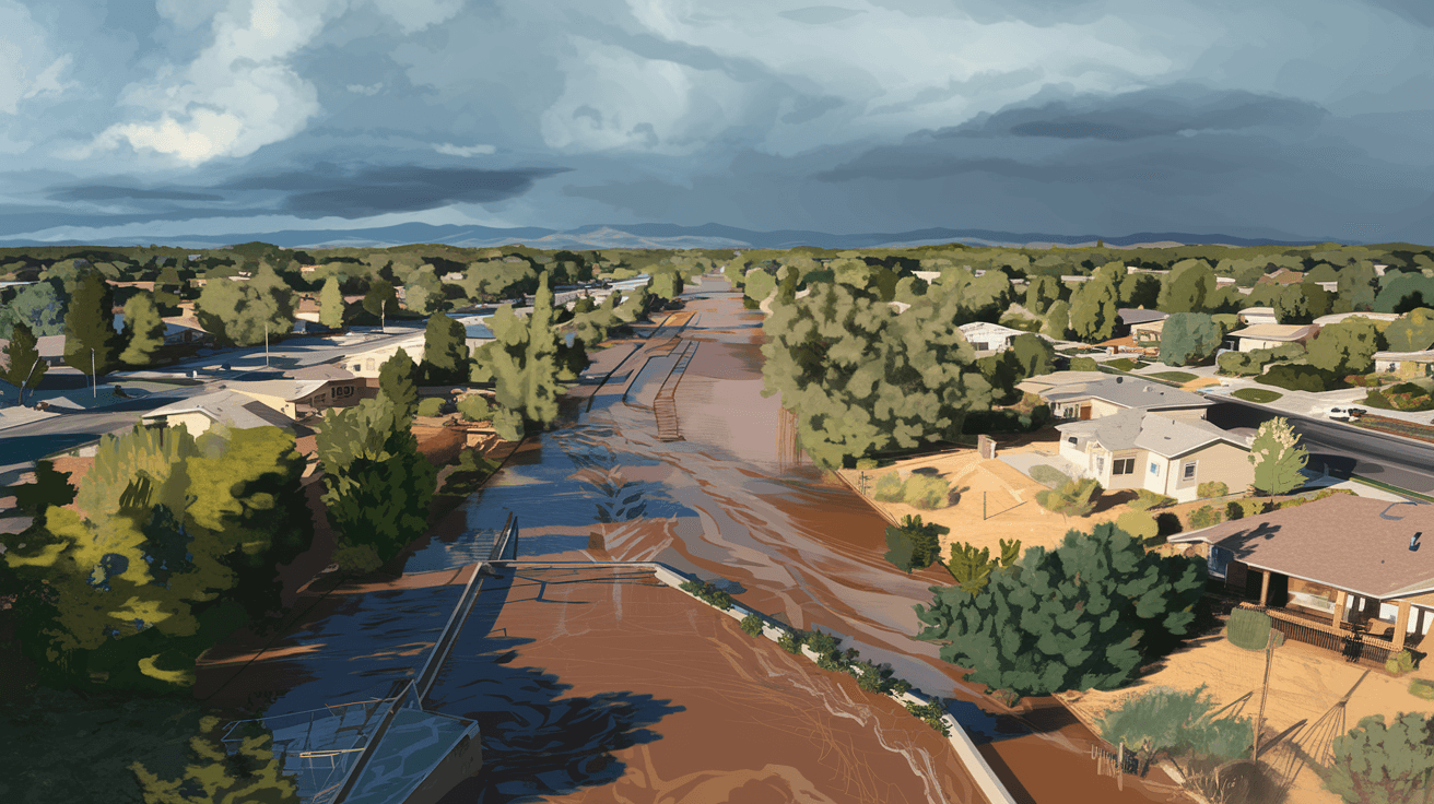 Aerial view of an Albuquerque arroyo channel running through a residential neighborhood after a monsoon storm, with muddy water filling the concrete-lined channel and surrounding desert landscape under stormy skies