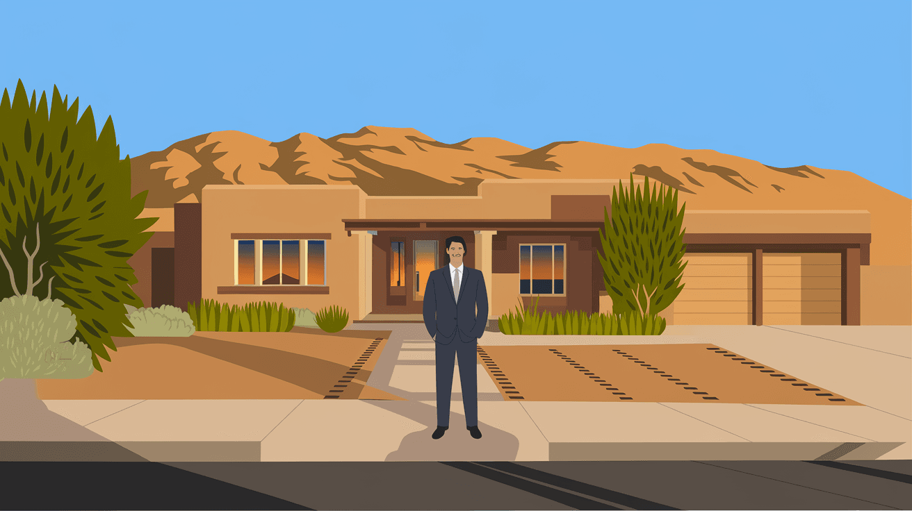A Taylor Team real estate agent standing in front of a well-maintained adobe home in Albuquerque with clear drainage channels visible in the yard and the Sandia Mountains visible in the golden late-afternoon light behind