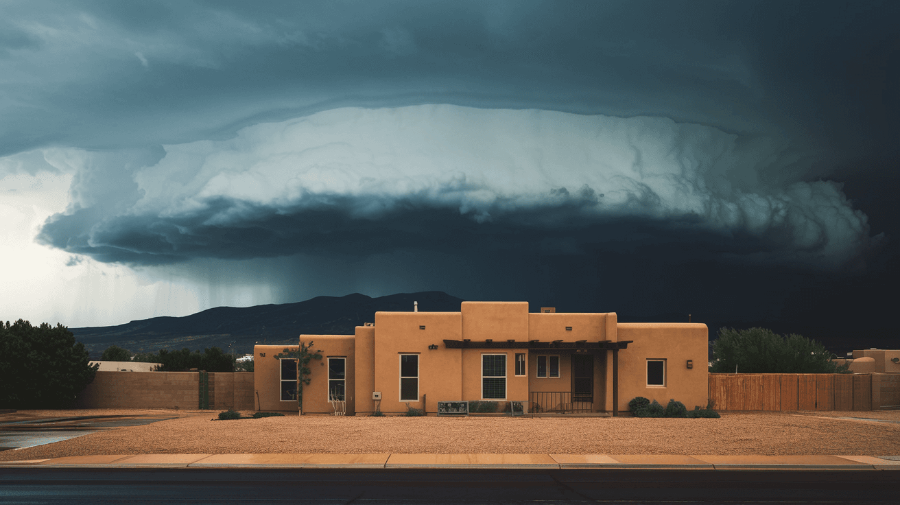 Dark monsoon storm clouds building dramatically over the Sandia Mountains east of Albuquerque, with an adobe-style home in the foreground and a freshly rain-soaked desert yard